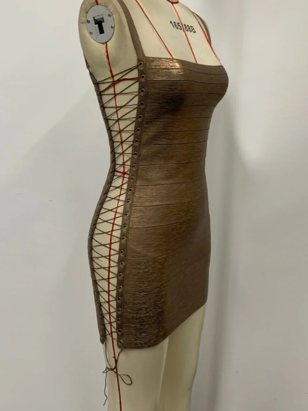 Metallic Gold Side Lace Up Cutout Cami Bodycon Party Mini Dress